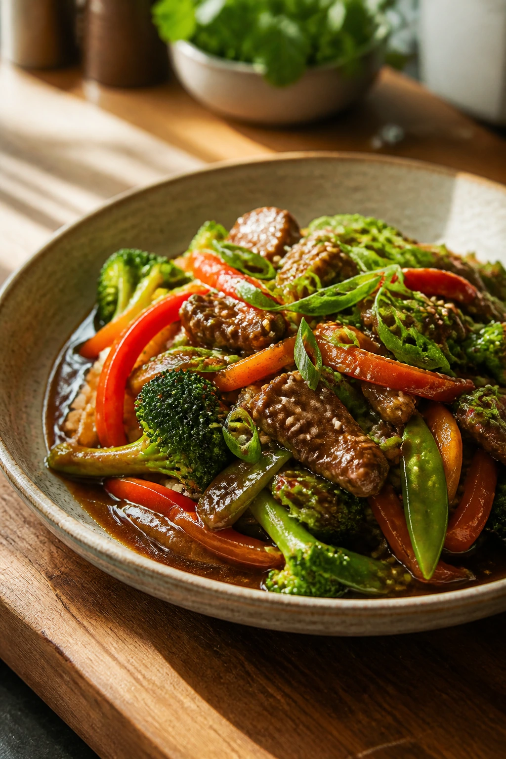 Stir-fry served in a shallow bowl for serving recommendations.