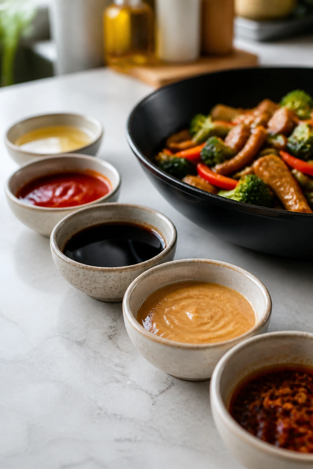 Row of small bowls with diverse stir-fry sauces for variations.