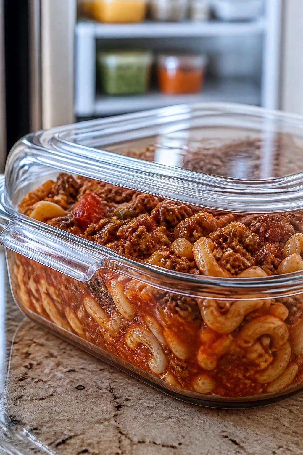 Glass casserole dish with pasta ready for storage or reheating