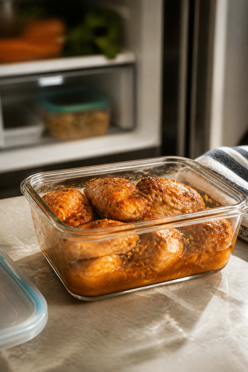 Glass storage container with saucy chicken for fridge storage