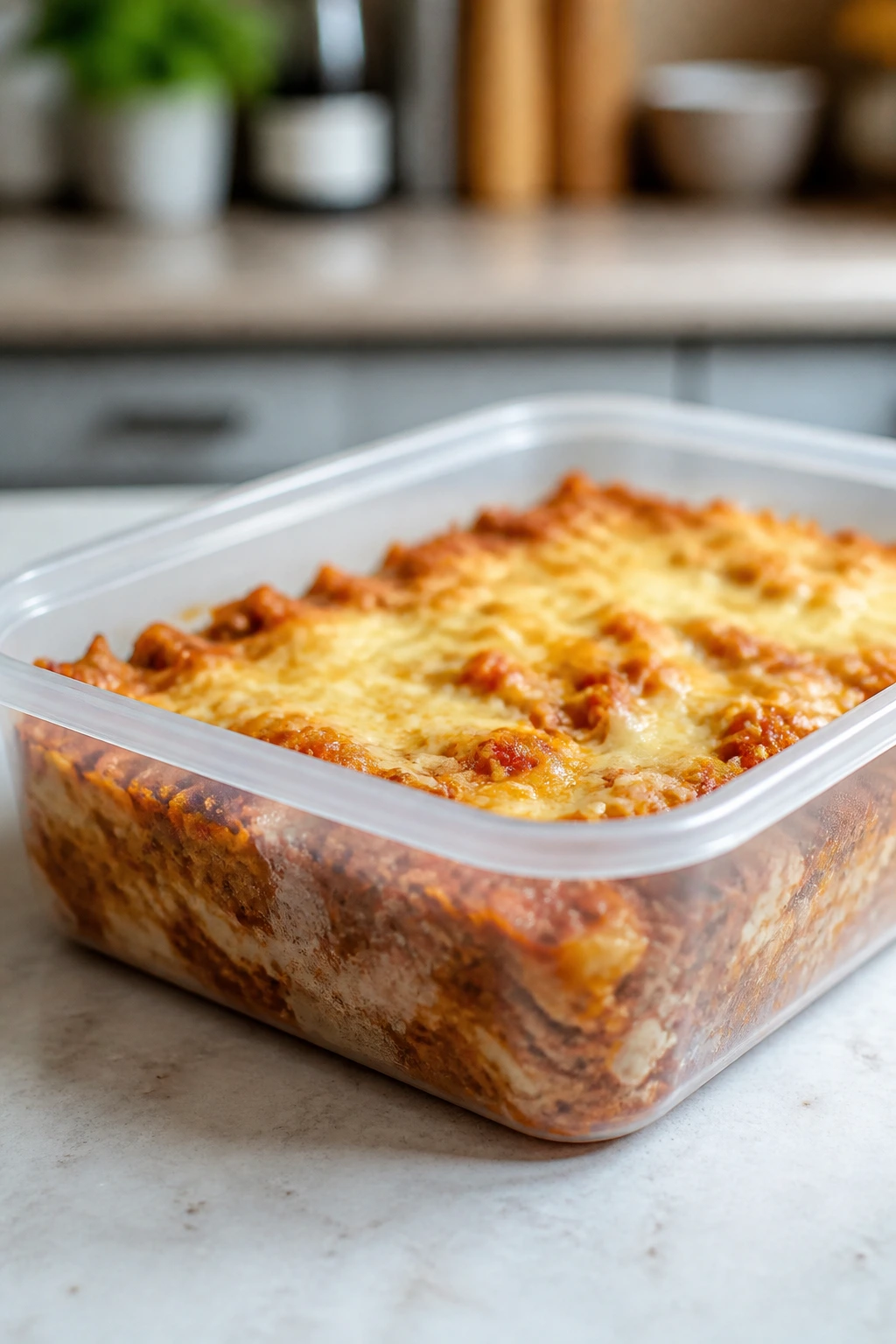 Clear storage container with casserole inside on kitchen counter