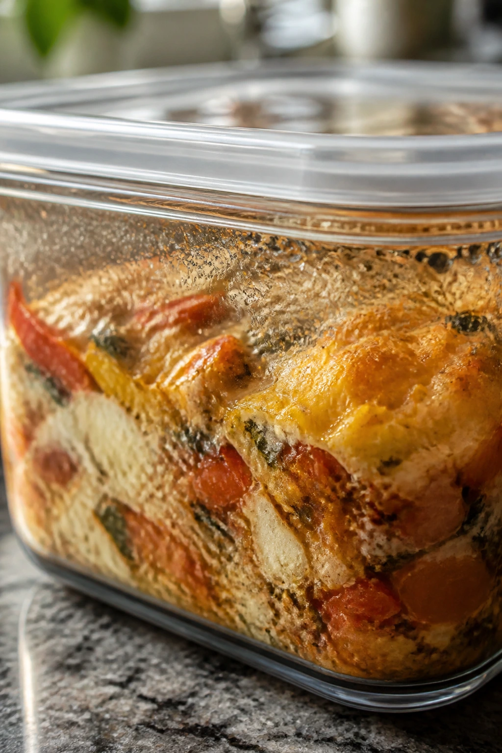 Glass airtight storage container with saucy mixture on a kitchen counter