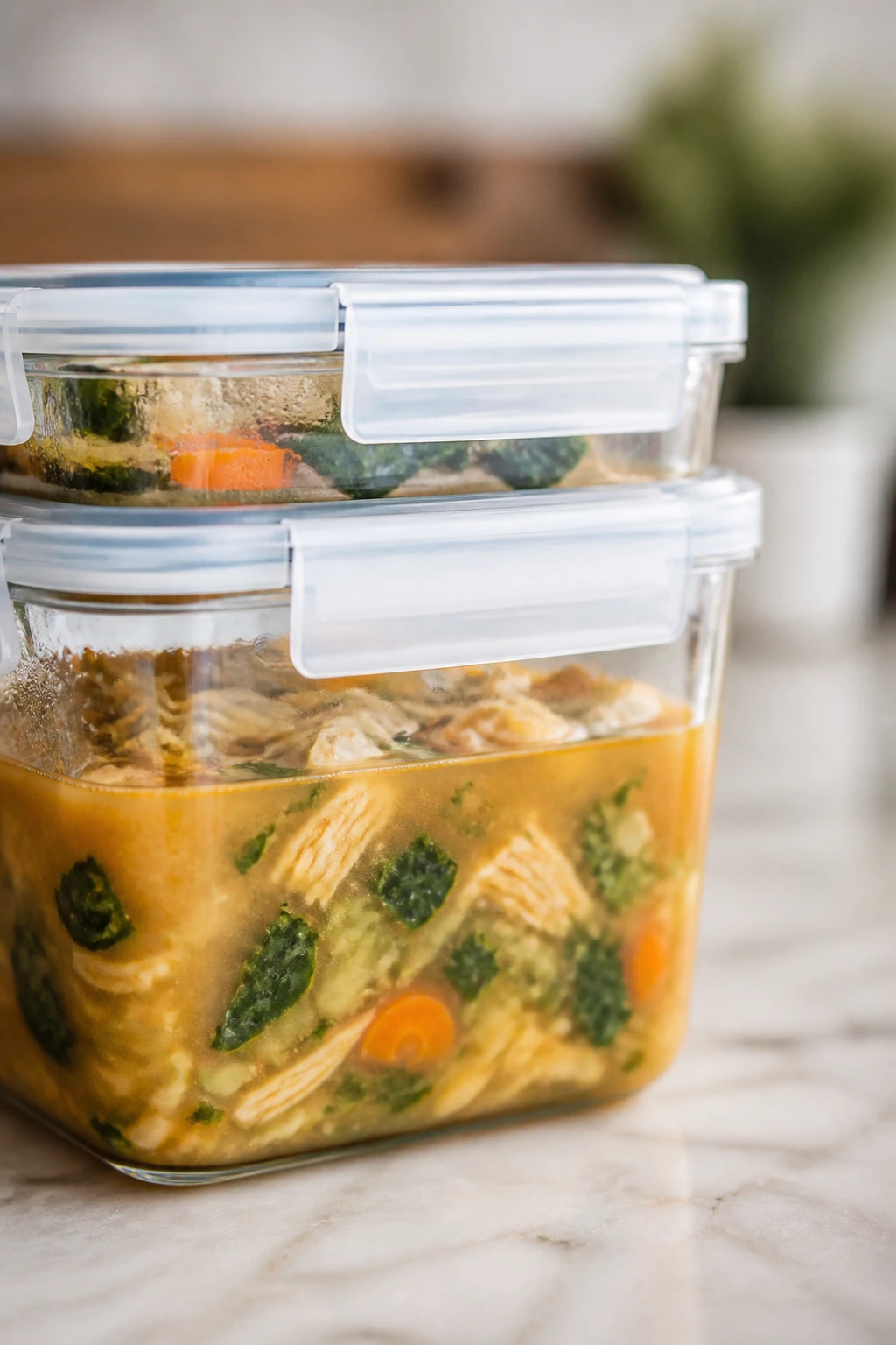 Airtight storage containers with soup on a kitchen counter
