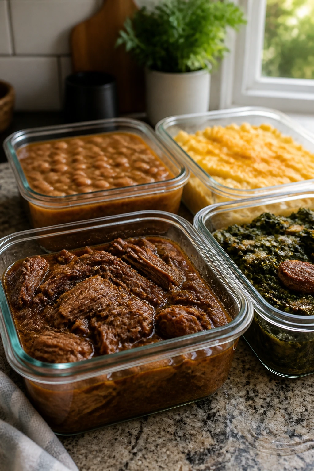 Glass storage containers with braises on a kitchen counter