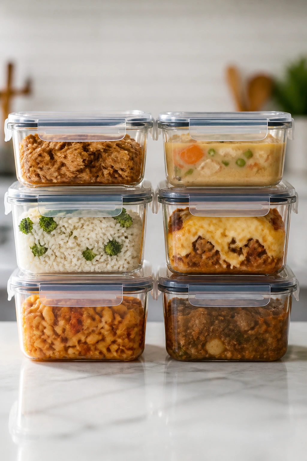 A stack of airtight storage containers on a kitchen counter