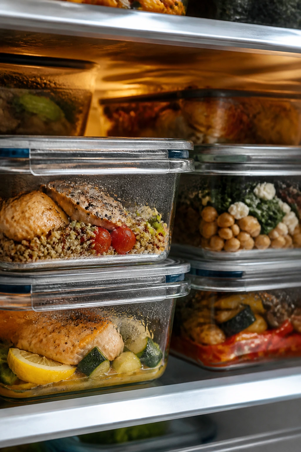 Close-up of glass meal-prep containers in fridge for storage and reheating guidance