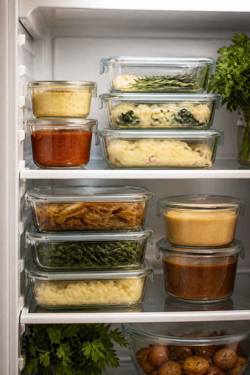 Stacked glass storage containers with prepped sauces and sides in a clean kitchen