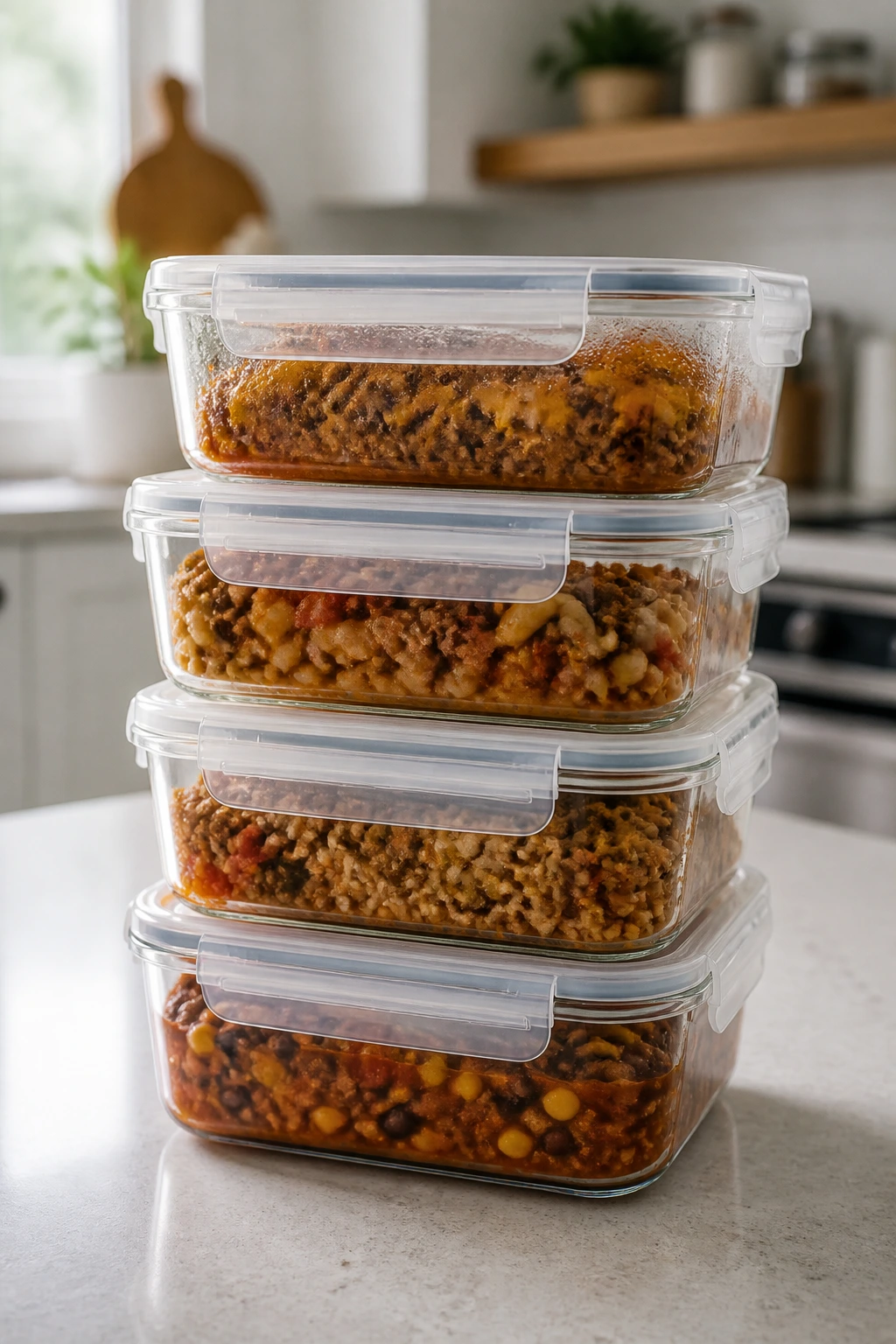 Stacked airtight storage containers for make-ahead meals