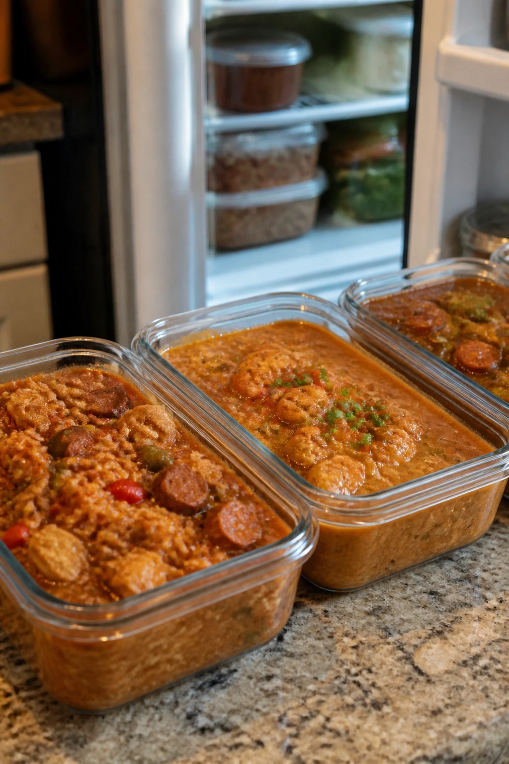 Close-up of airtight meal-prep containers with Cajun dishes on a kitchen counter