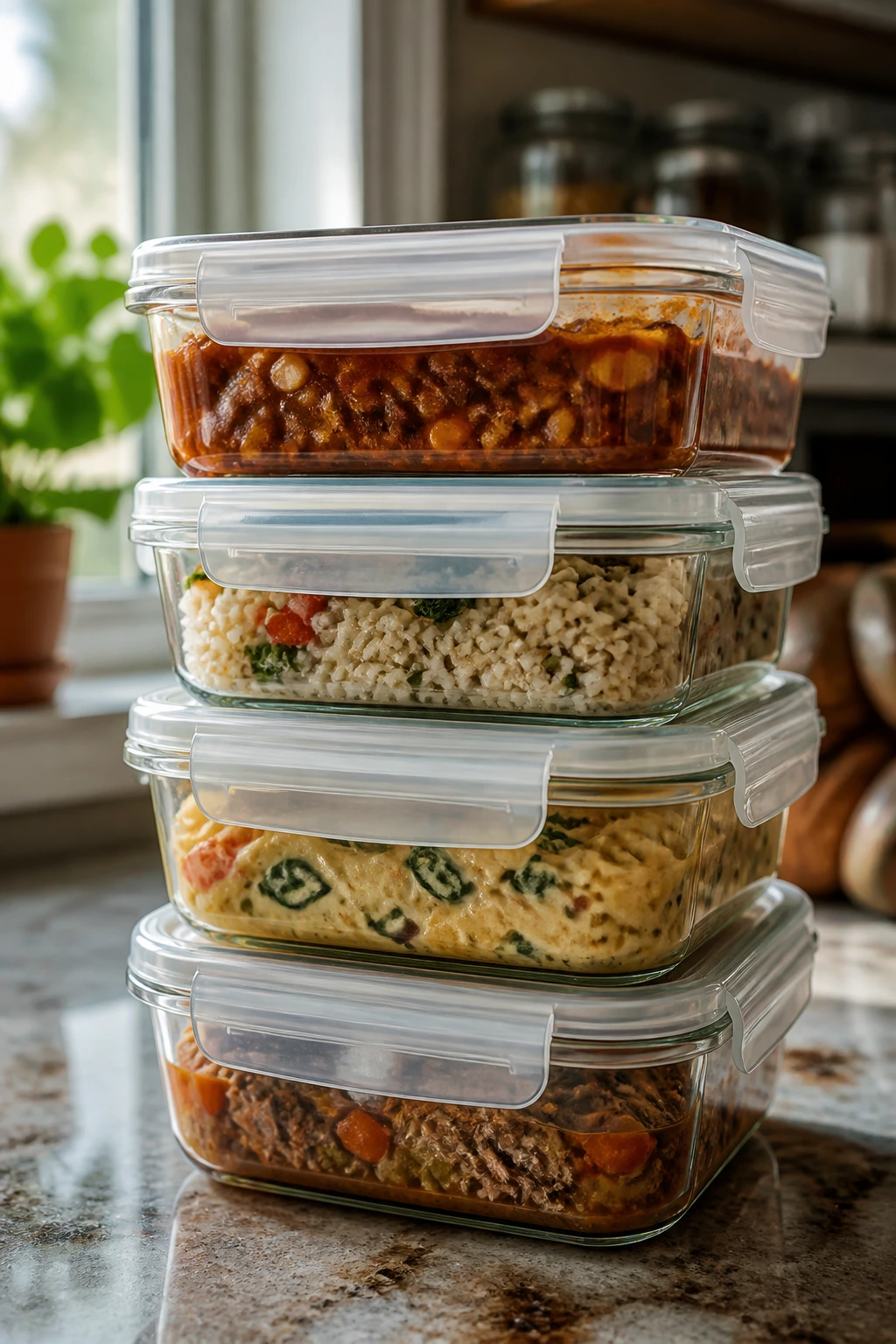 Airtight glass containers with leftovers on a kitchen counter