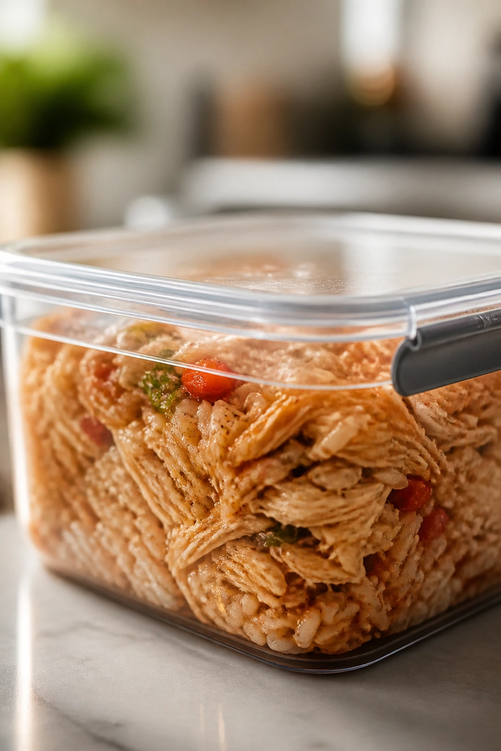 A glass airtight container filled with shredded chicken and rice on a kitchen counter.