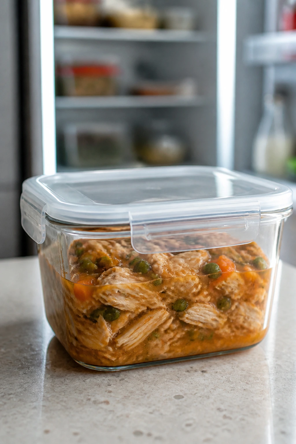 Airtight container of leftovers on kitchen counter