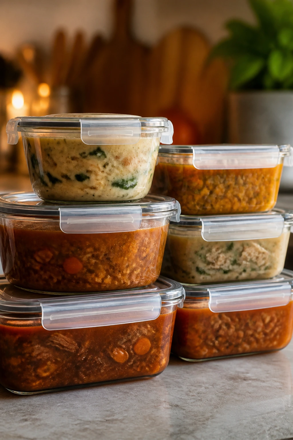Glass storage containers with soups on a kitchen counter