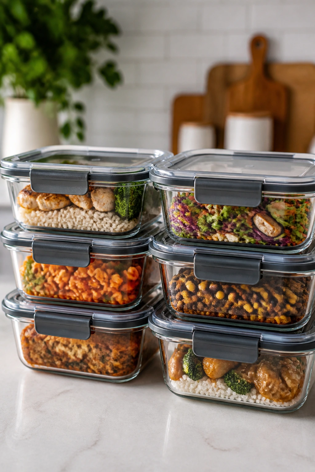 Glass storage containers with meals on a kitchen counter