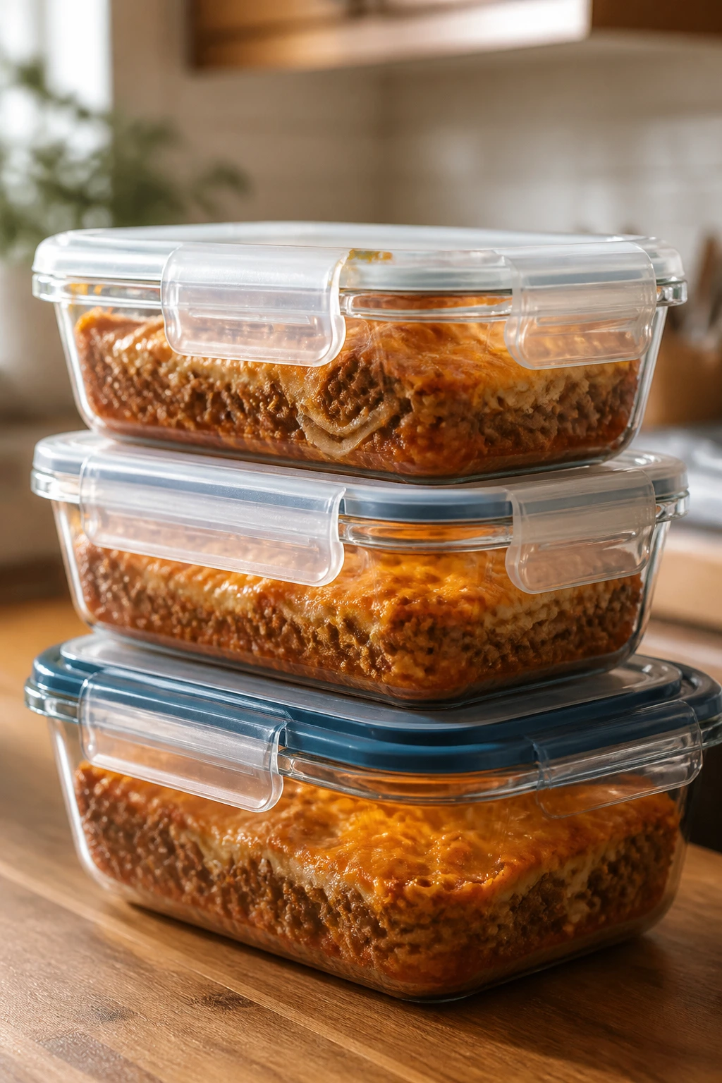 Close-up of stacked glass meal-prep containers with airtight lids on a wooden counter
