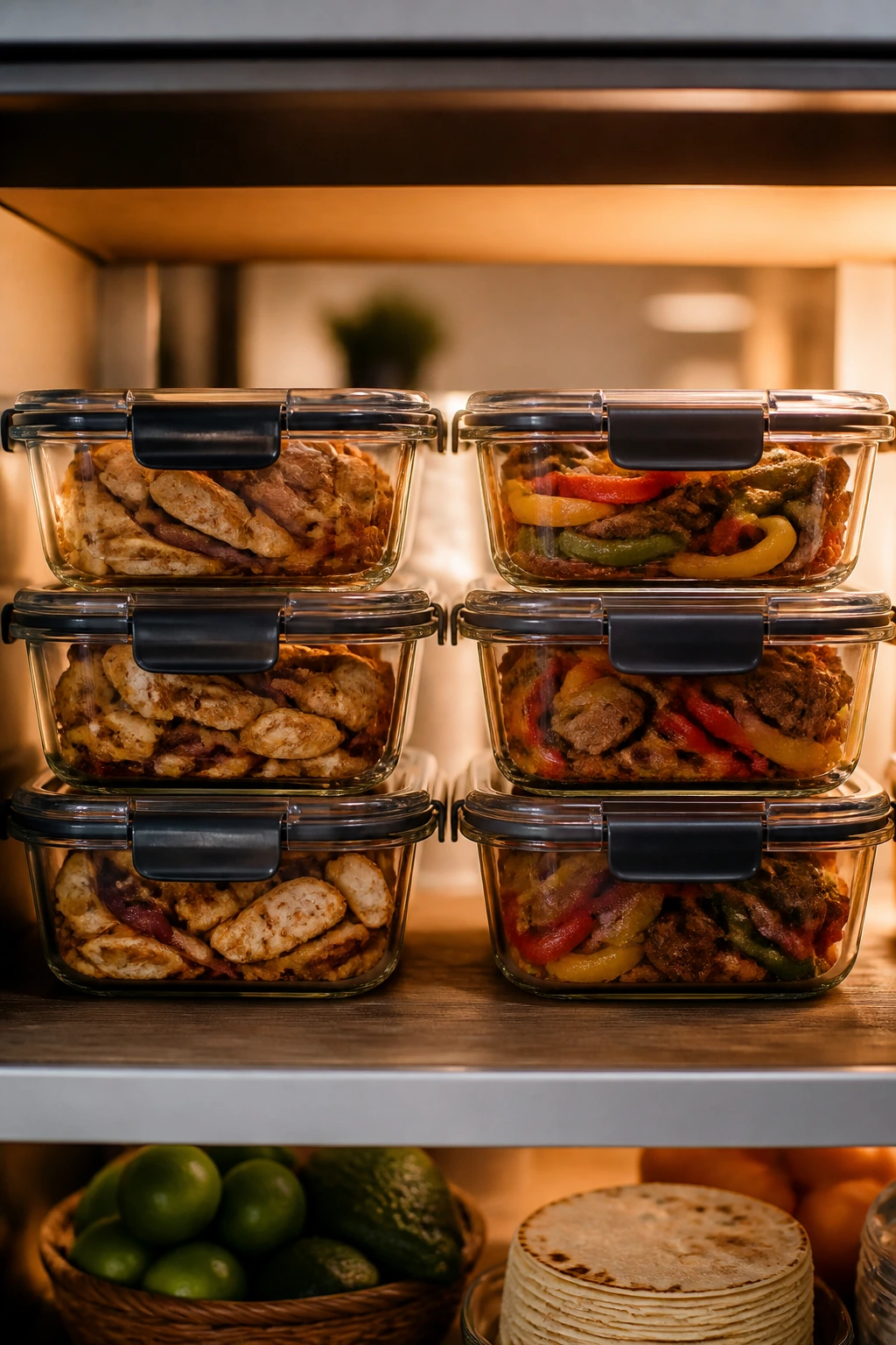 Stack of airtight containers with fajita fillings stored for make-ahead meals.
