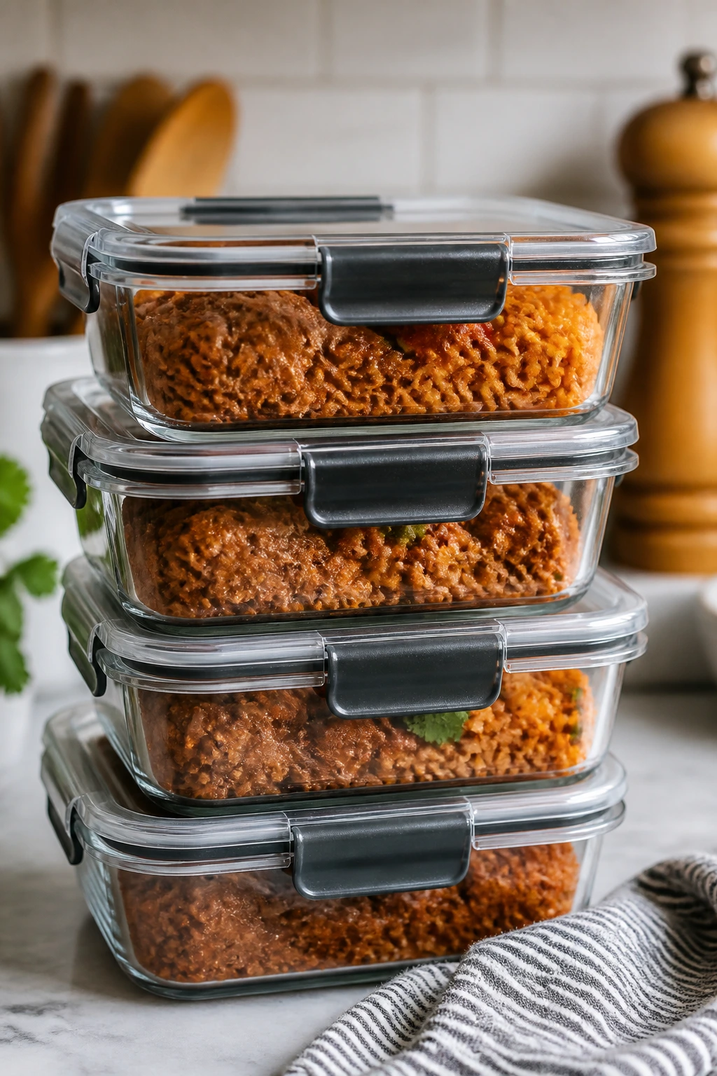 Airtight containers with saucy meals ready for storage on a kitchen counter