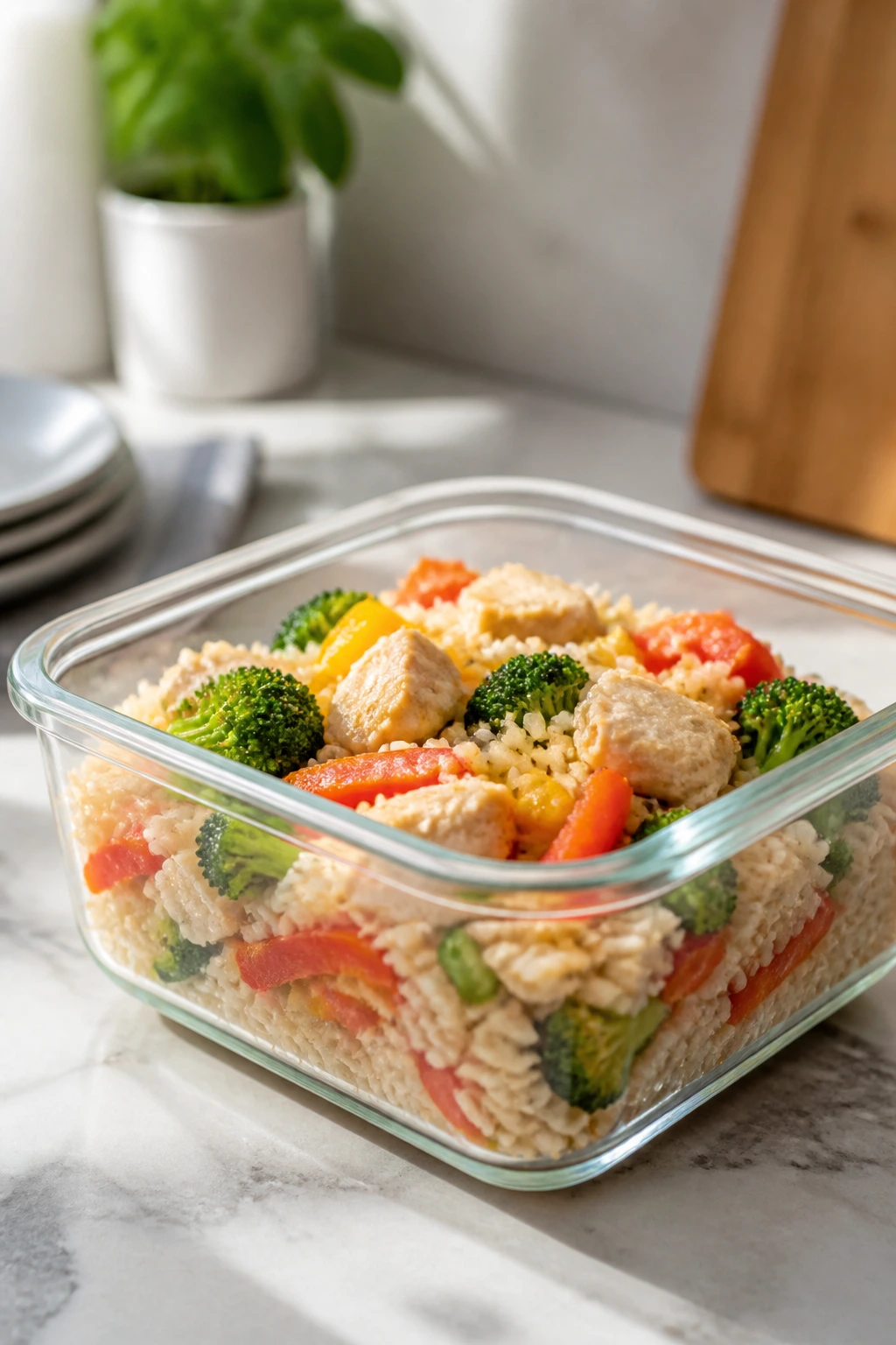 Airtight storage container with reheatable food ready for chilling