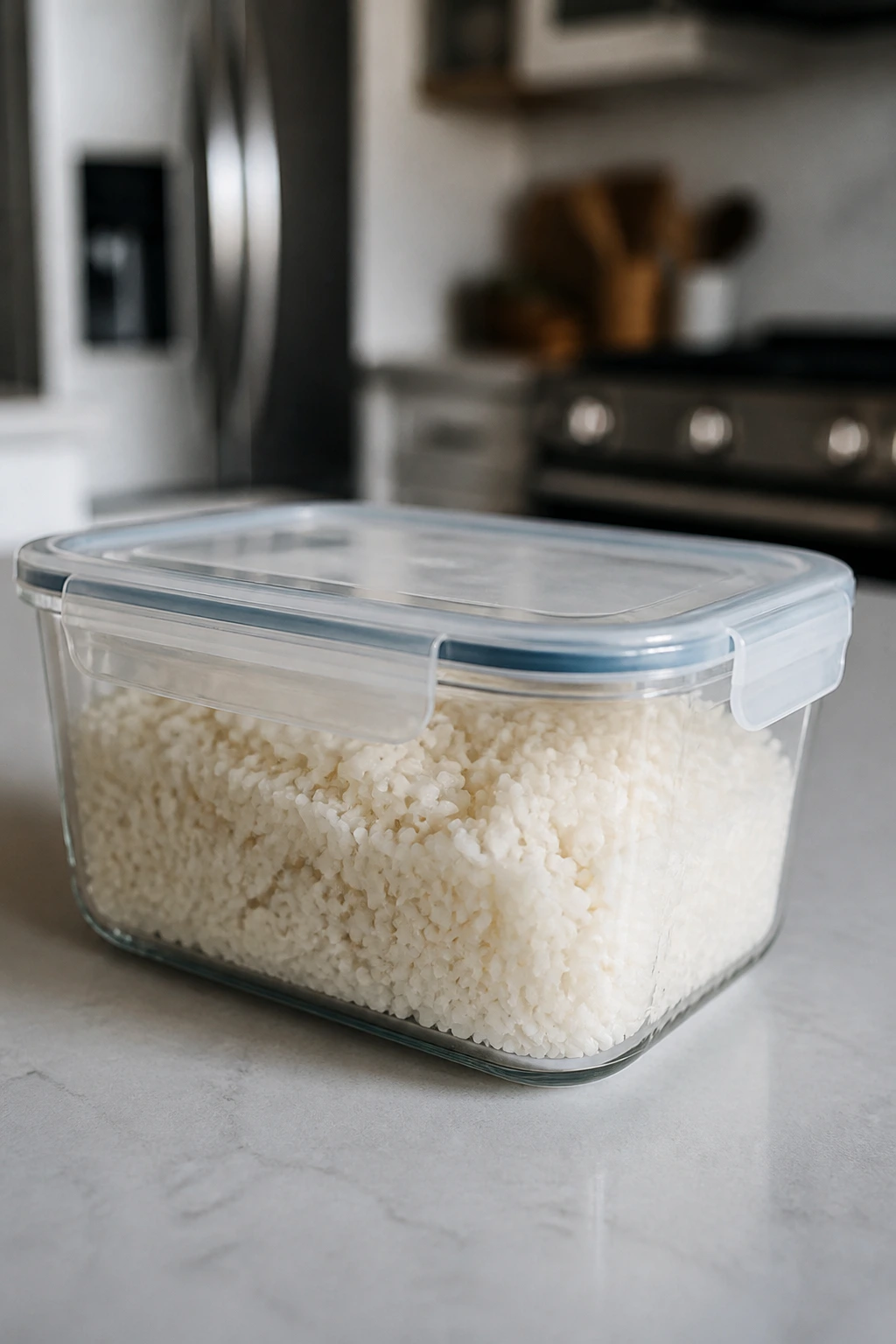 Close-up of a glass airtight container filled with cooked rice on a kitchen counter.