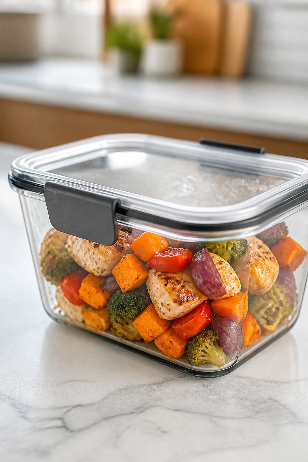 Close-up of an airtight glass storage container in a kitchen