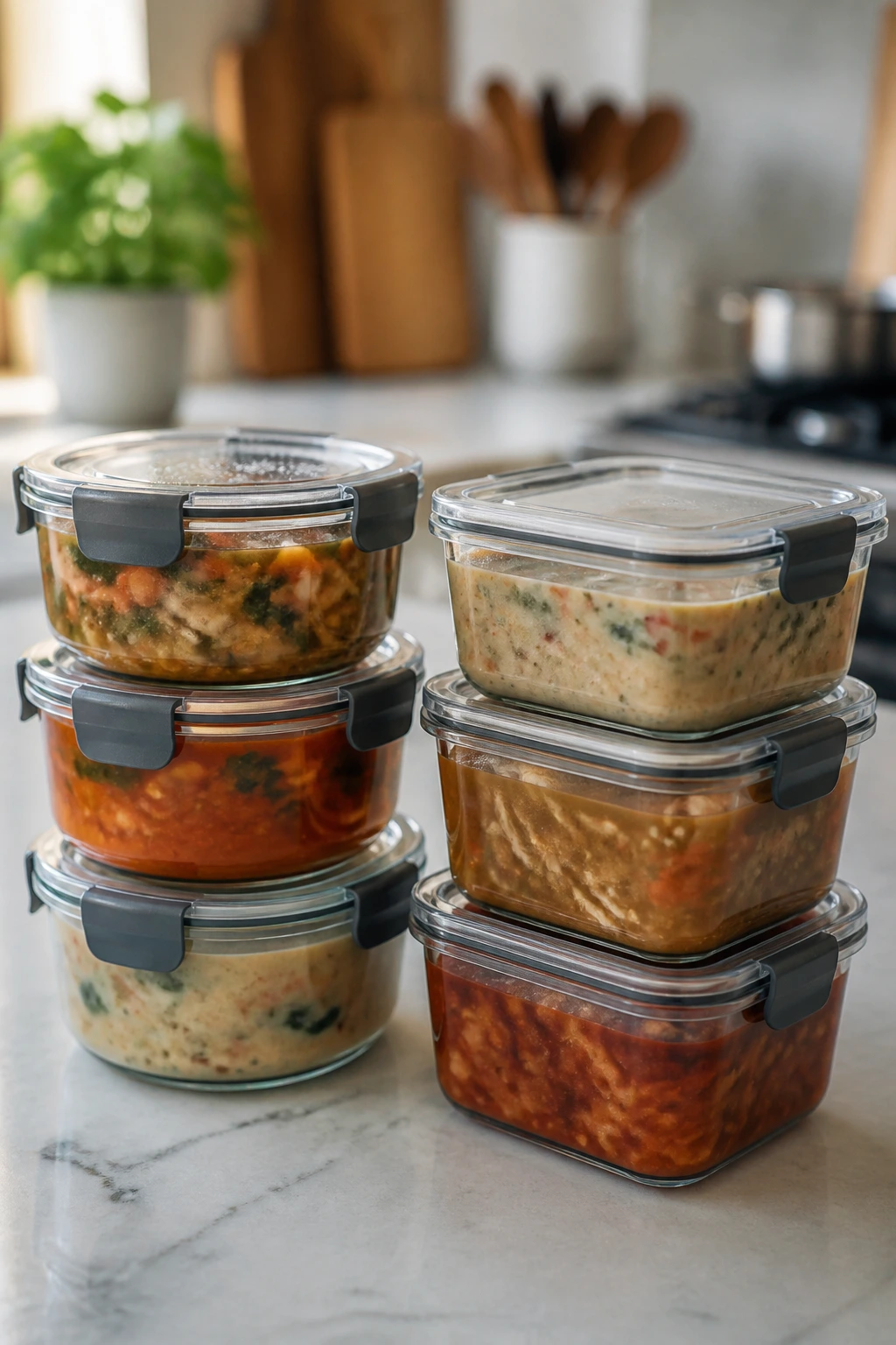 Close-up of glass storage containers on a kitchen counter illustrating soup prep and storage