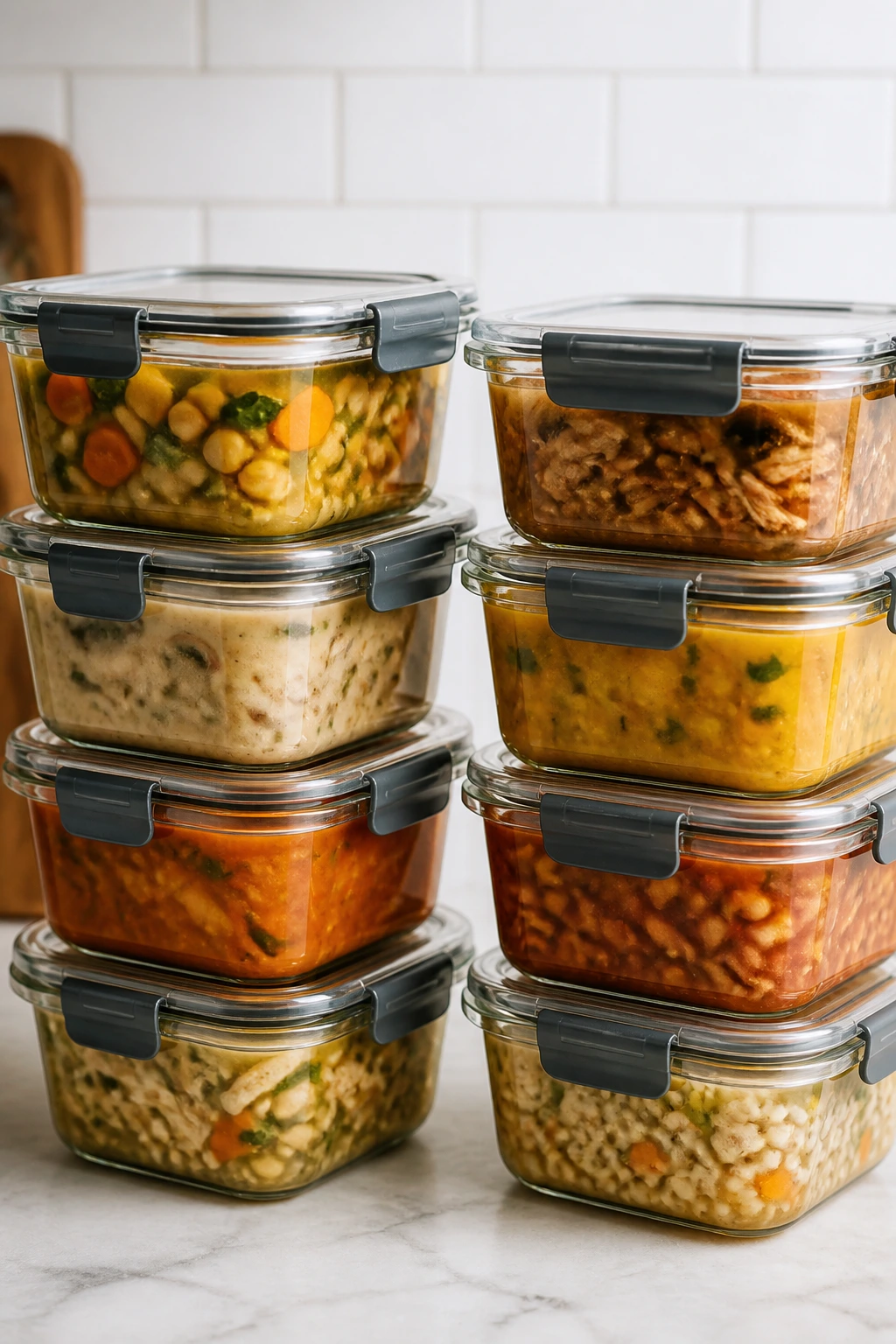 Stacked glass storage containers with soups ready for storage