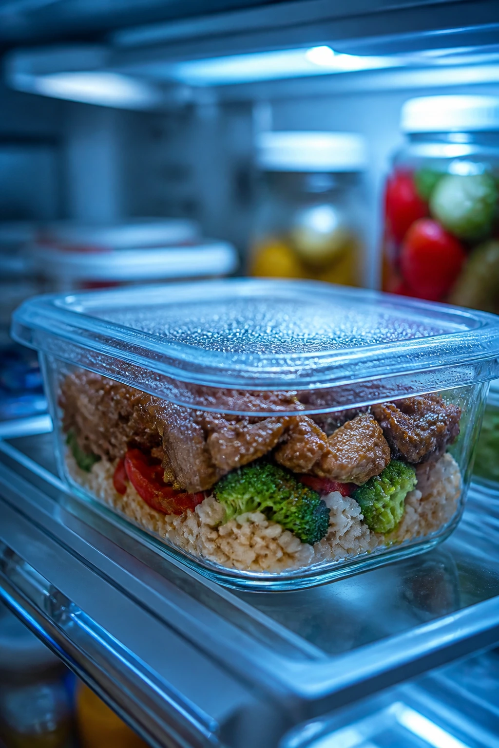 Close-up of a glass meal-prep container in a refrigerator, illustrating make-ahead storage