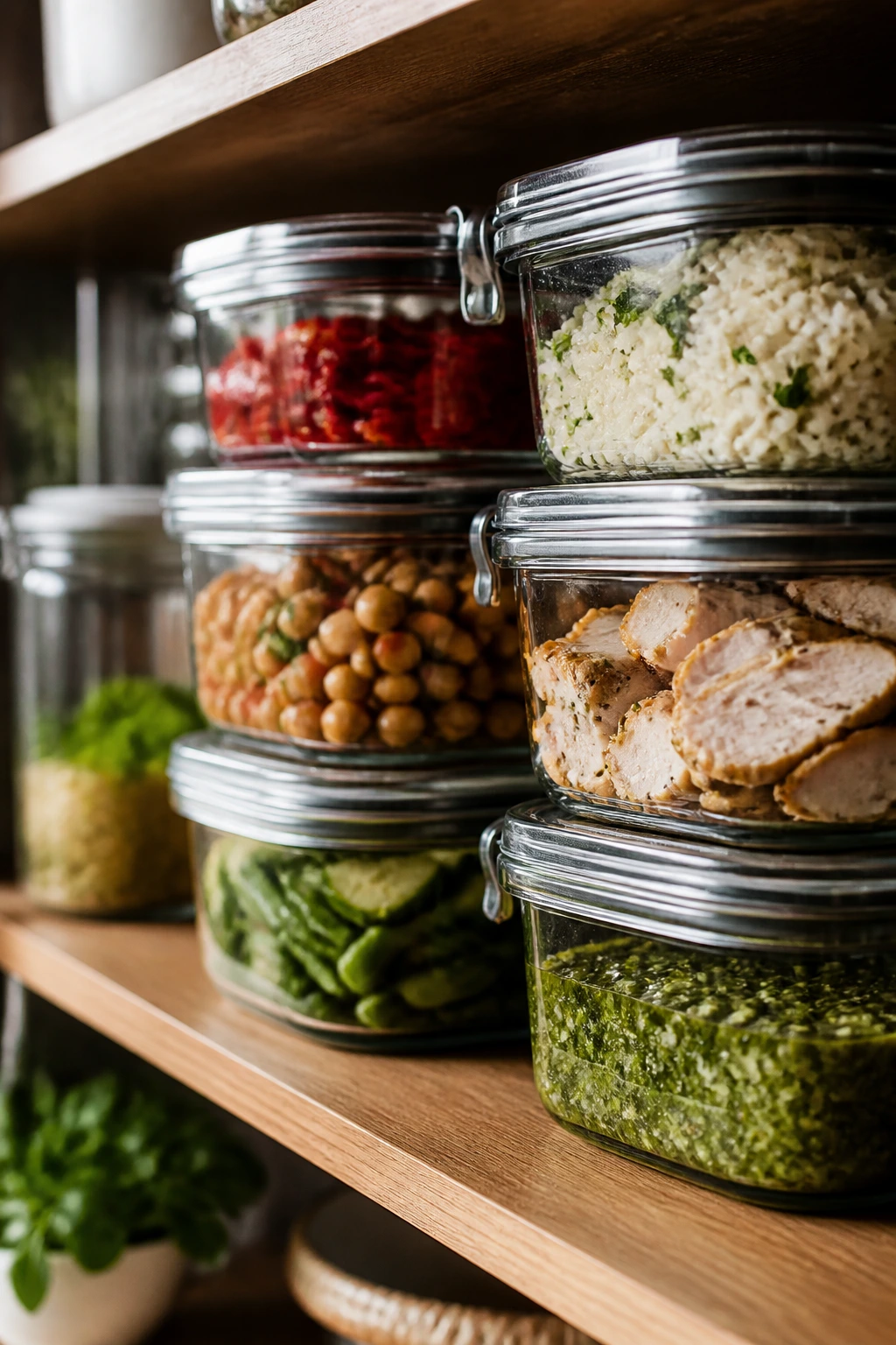 Airtight glass jars on shelf showing layered ingredients for make-ahead prep