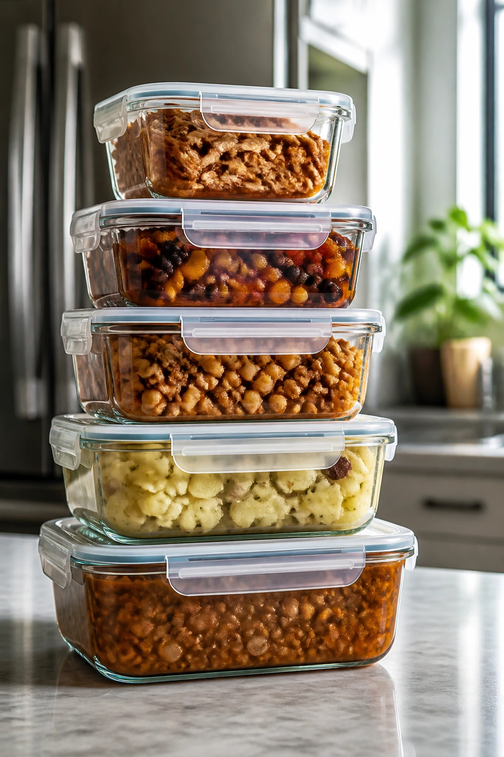 Close-up of airtight storage containers with leftovers in a bright kitchen, showing proper food storage.