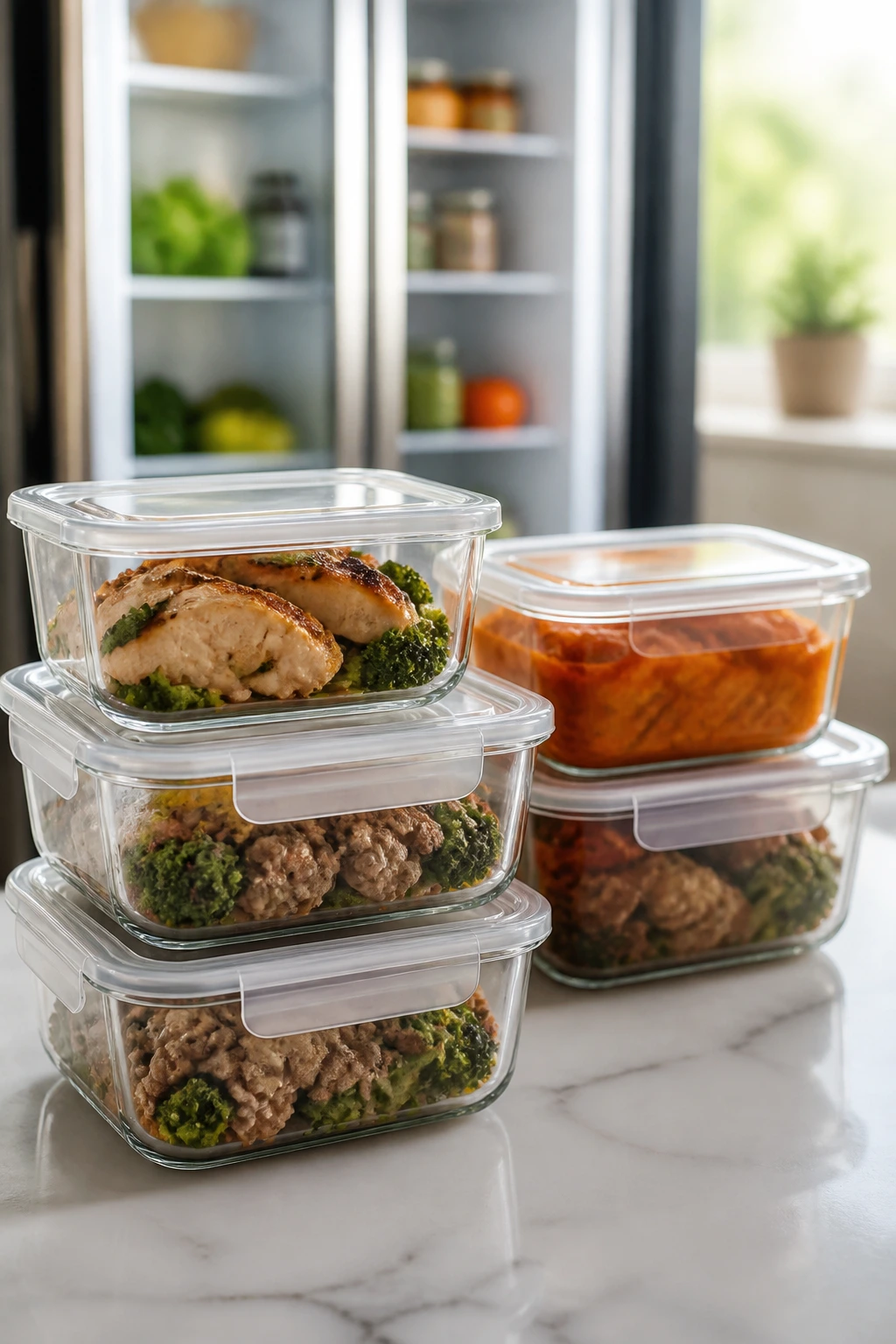 Airtight glass containers with leftovers on a kitchen counter.