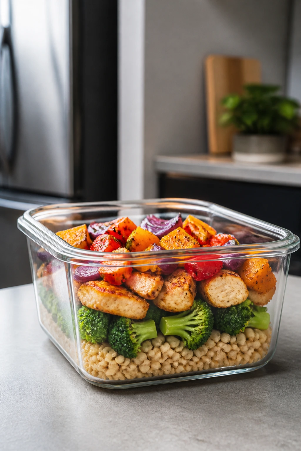 Airtight glass container with stored meal on kitchen counter