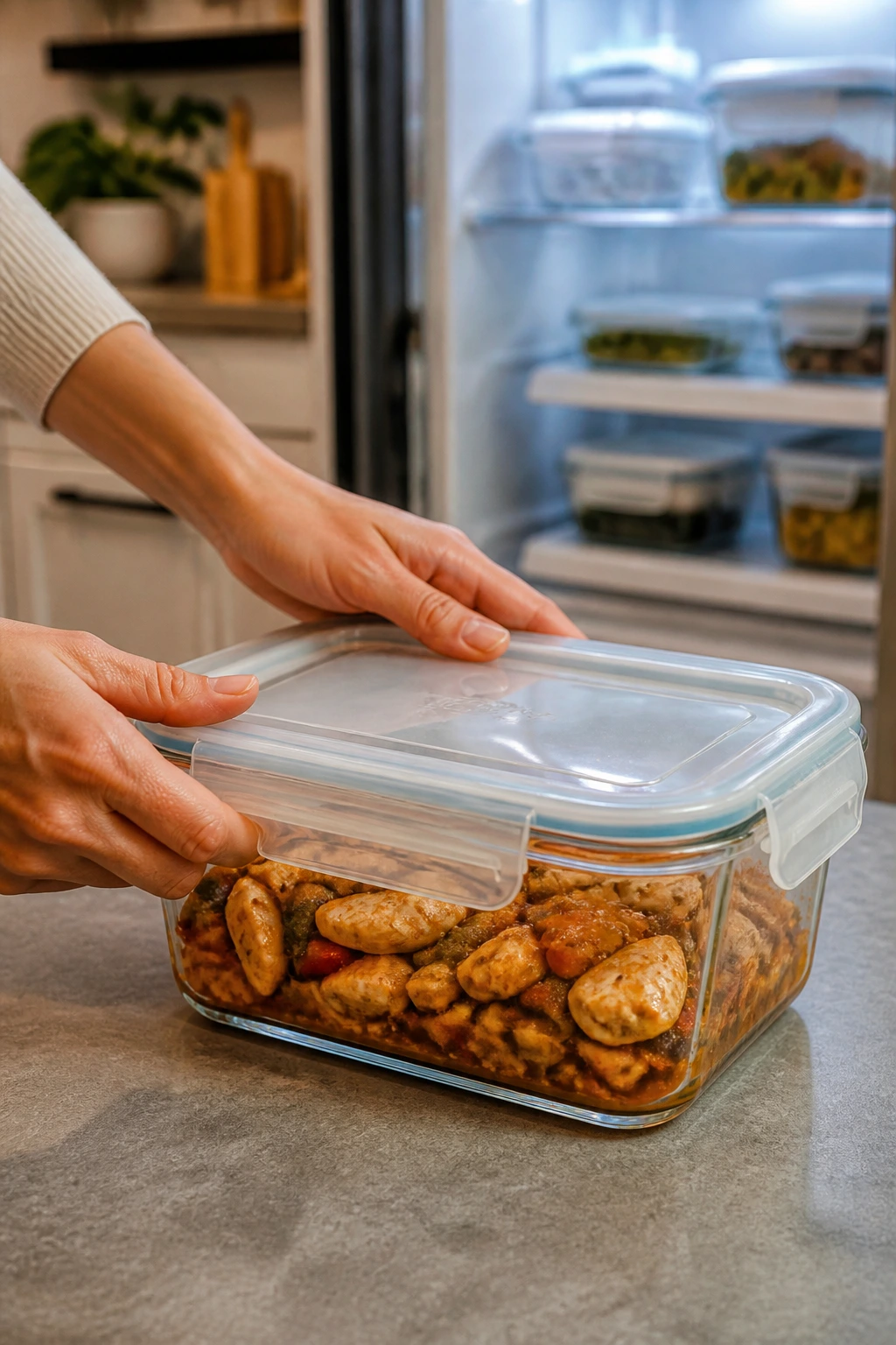 Hands sealing a glass storage container with leftovers in a modern kitchen