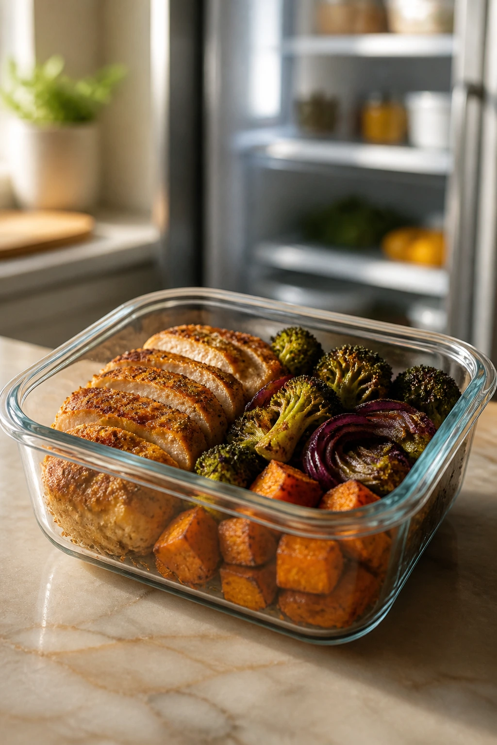 Close-up of a glass meal-prep container with leftovers on a kitchen counter, illustrating make-ahead storage.