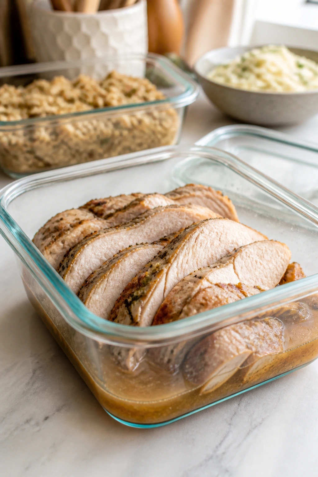 Glass storage container with leftovers on kitchen counter