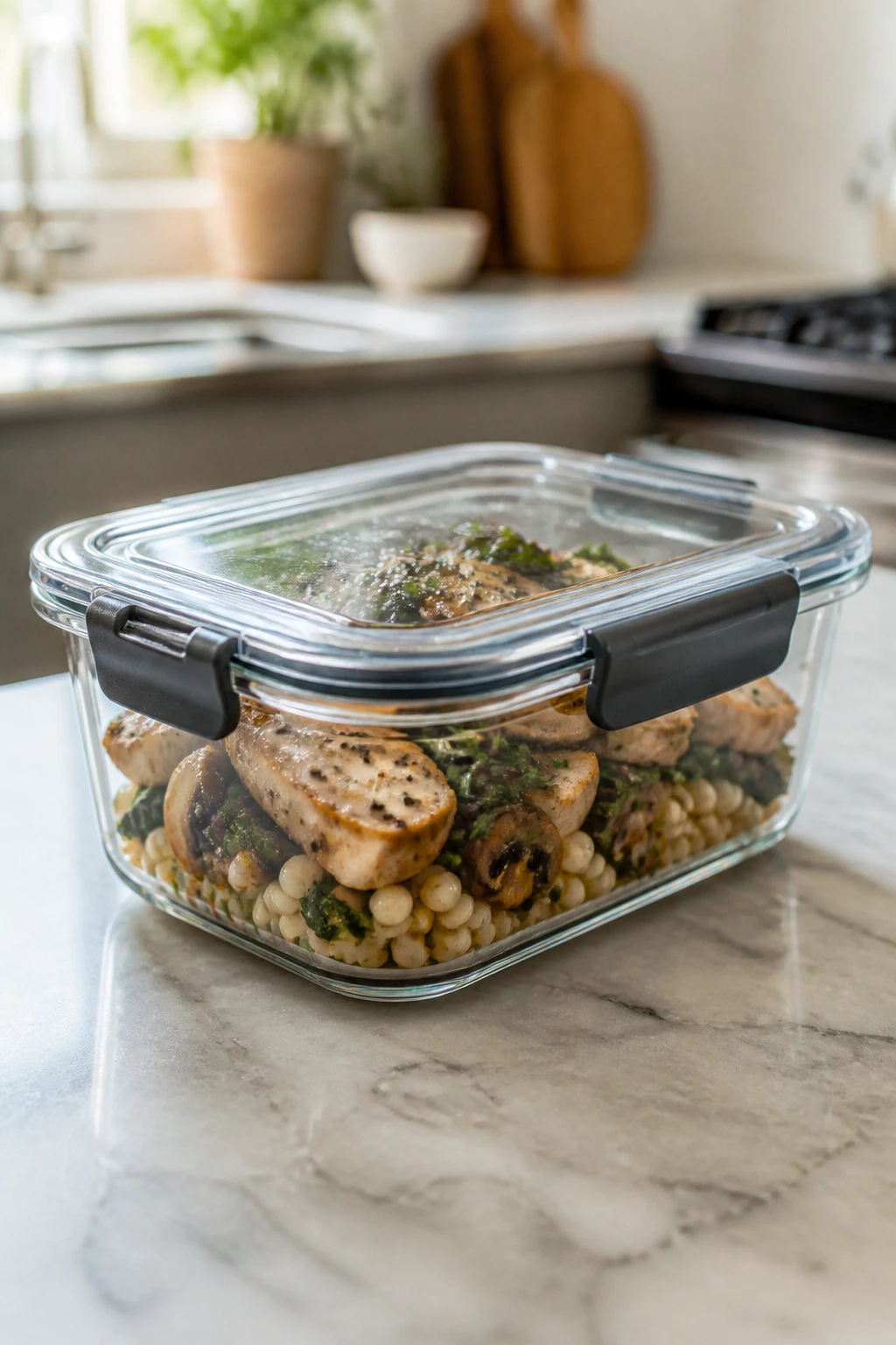 Leftover skillet in glass storage container ready for fridge.