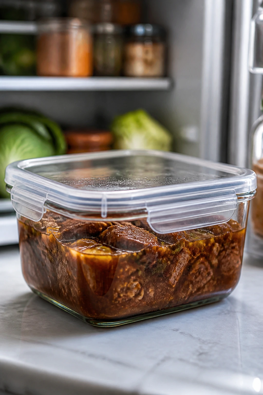 Braised beef in glass storage container ready for fridge storage