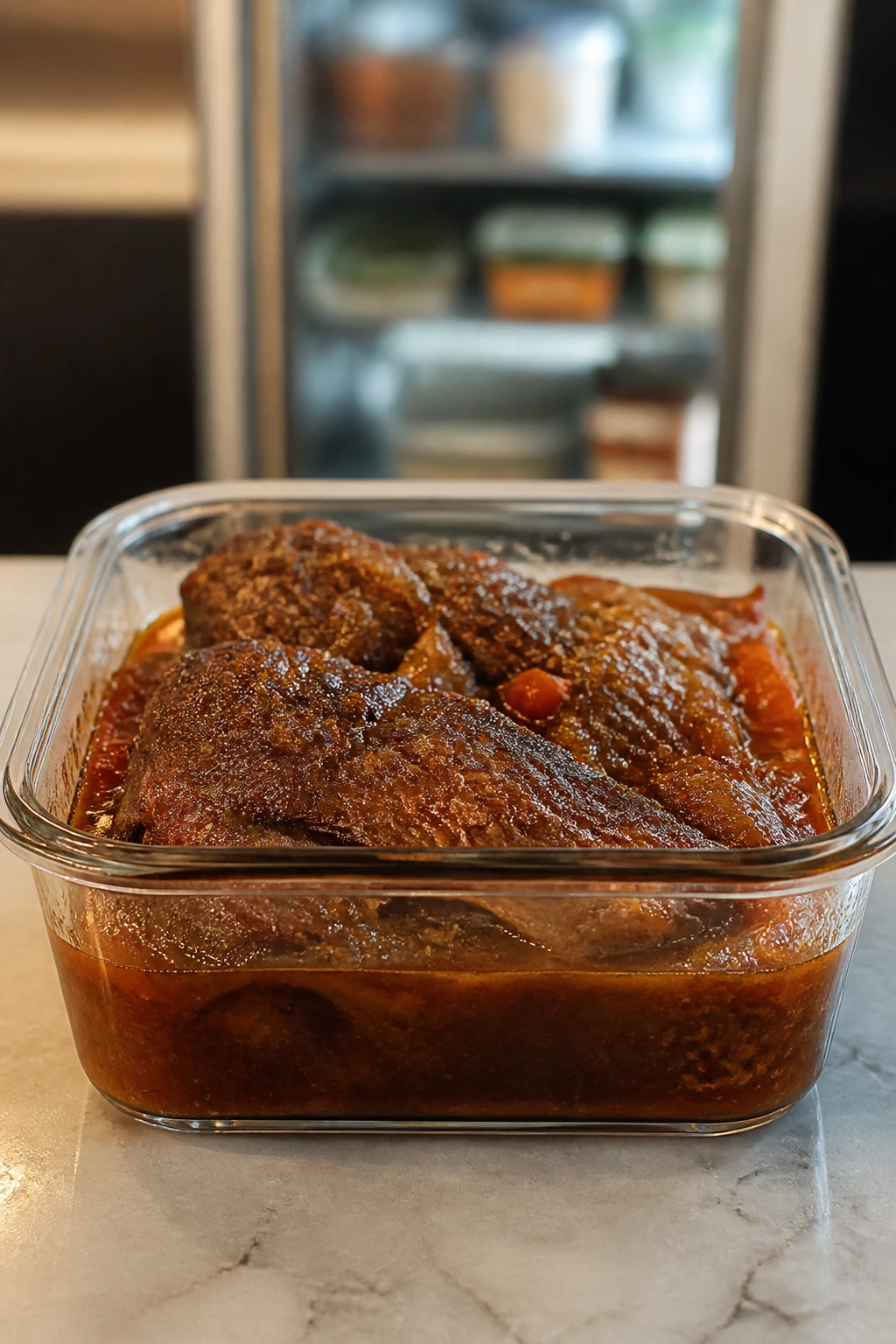 Glass storage container with braised meat and sauce