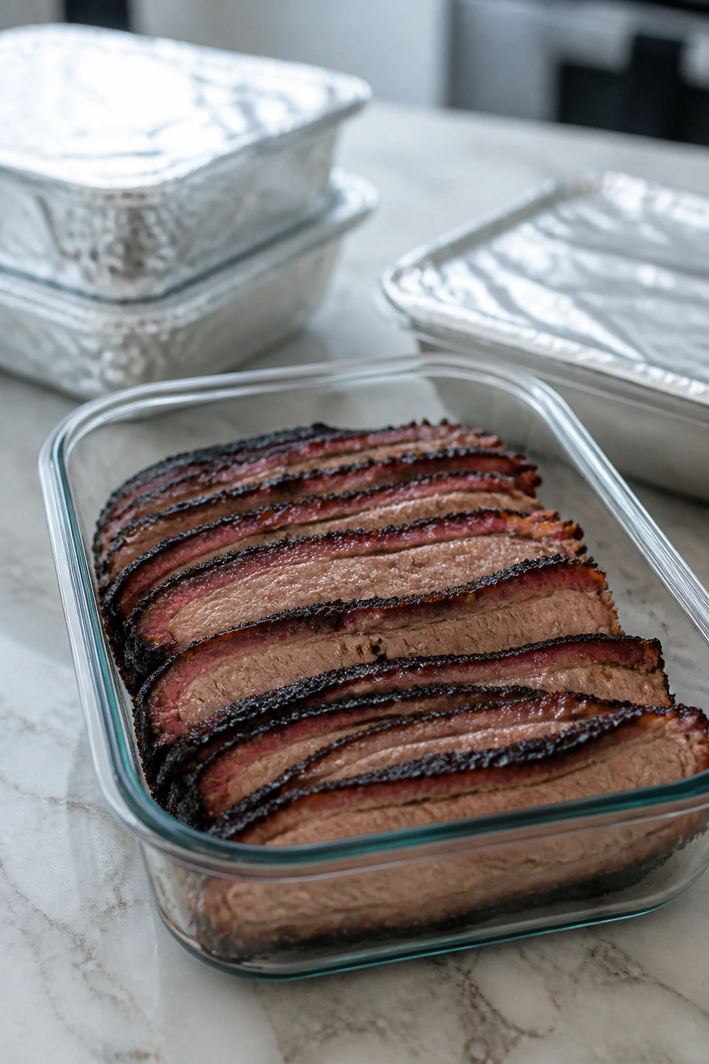 Sliced brisket in storage container for make-ahead meals.