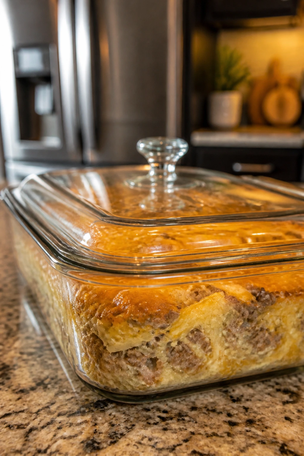 Glass casserole dish with lid on kitchen counter for make-ahead storage