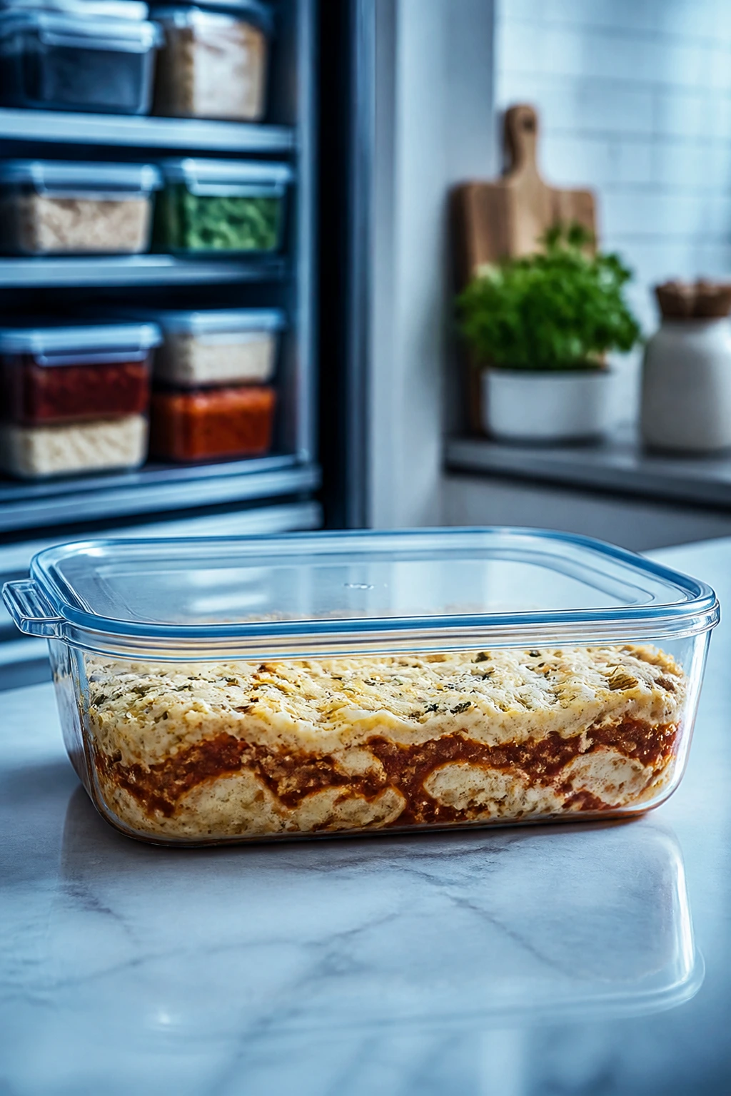 Glass casserole dish with lid on a cool kitchen counter ready for storage