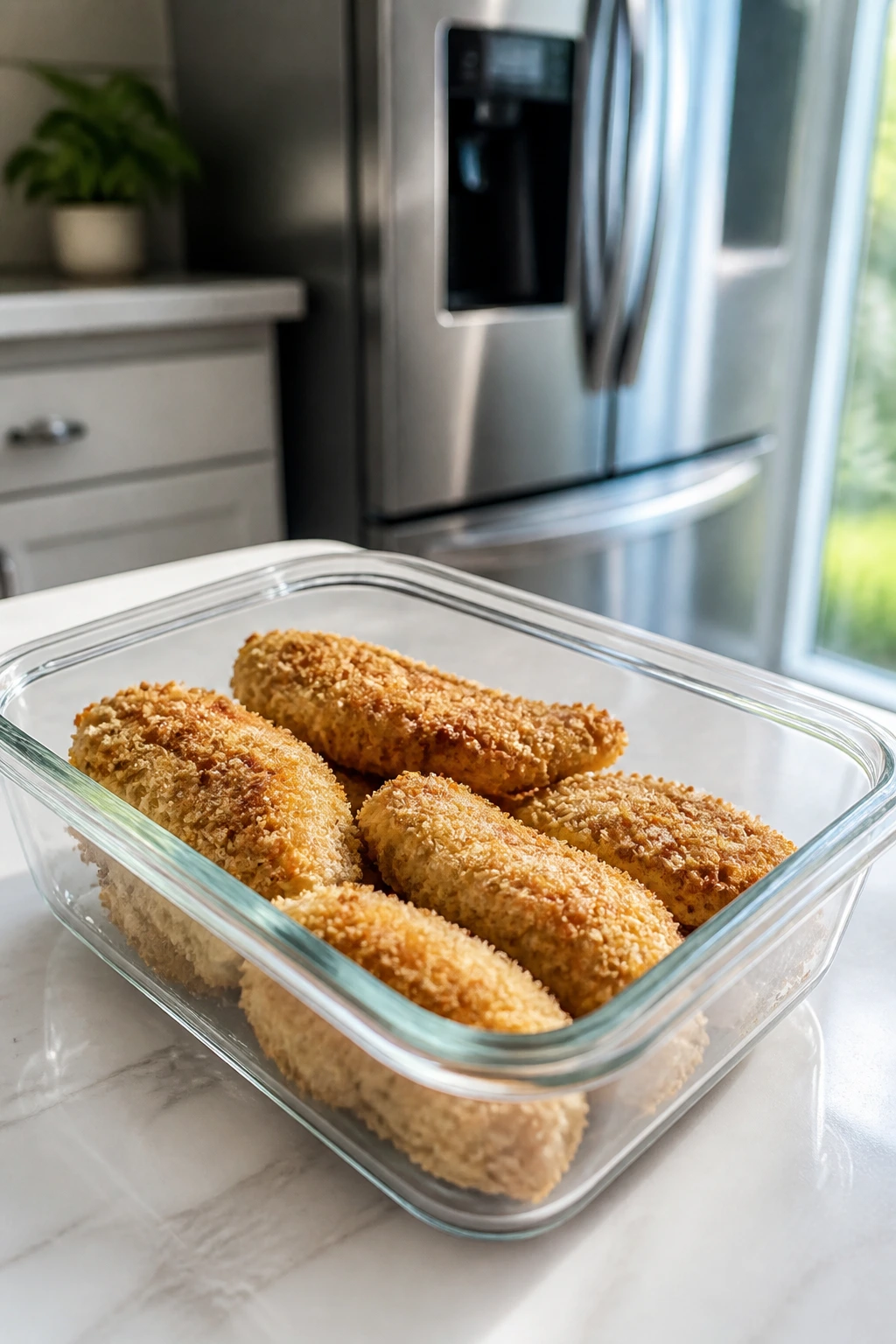 Glass container with breaded chicken ready for refrigeration