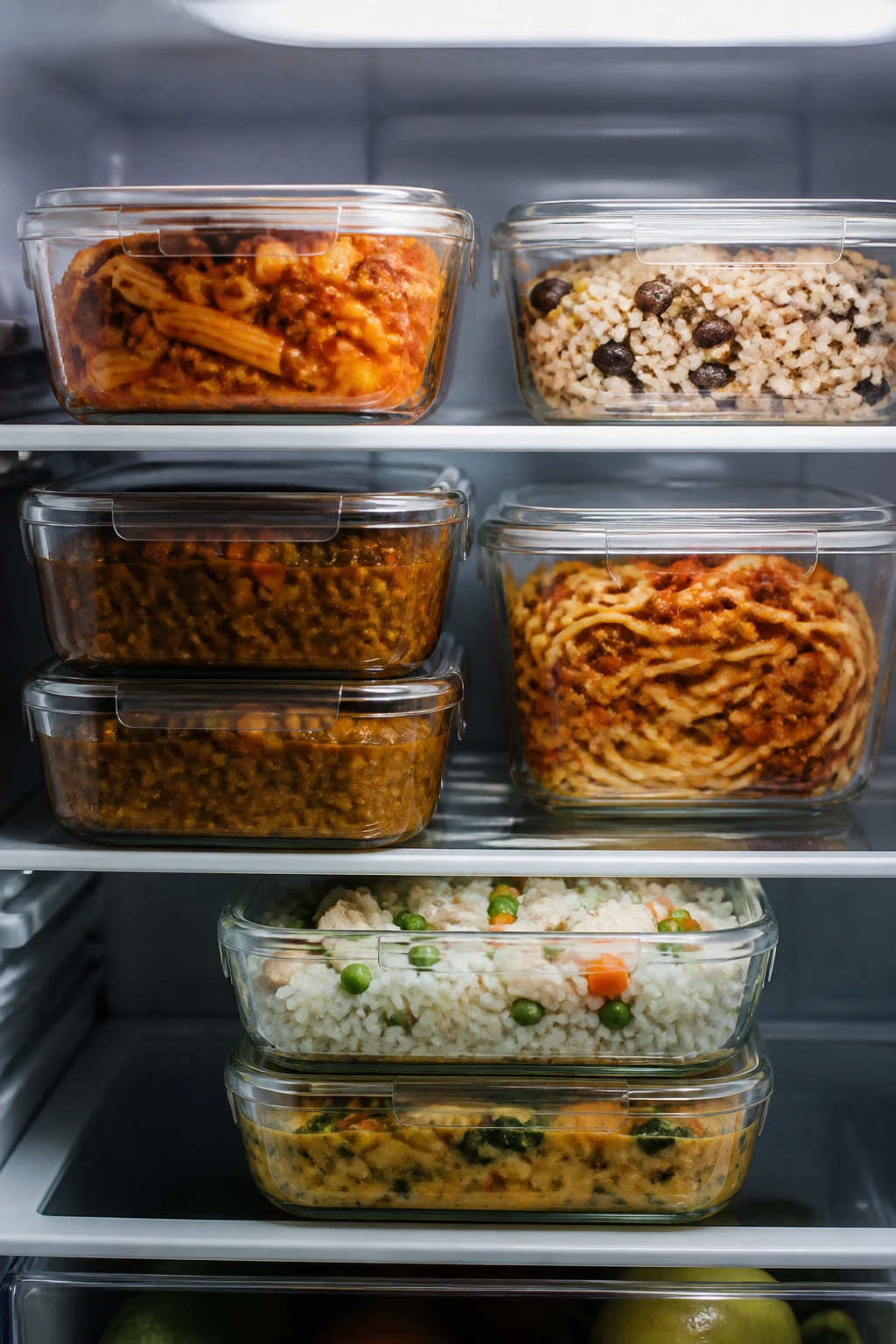 Clear glass storage containers in a refrigerator showing stored soups