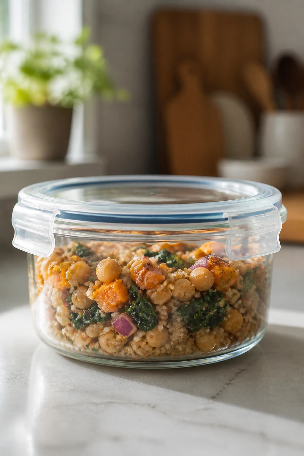 Airtight glass storage jar on counter for make-ahead meals