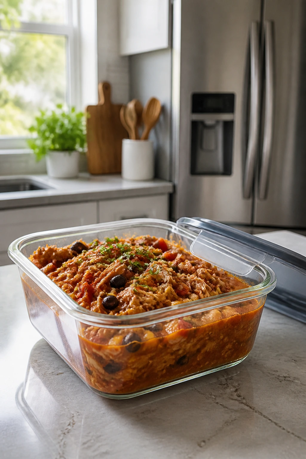 Glass container of saucy leftovers on a kitchen counter illustrating storage and reheating guidance
