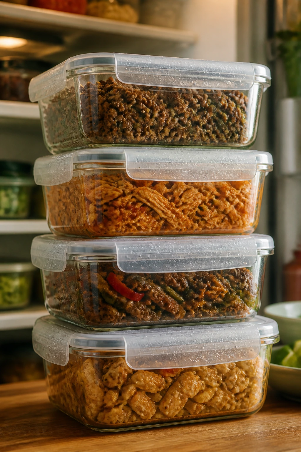 Close-up of glass storage containers with taco fillings in a fridge, showing prep and reheating context