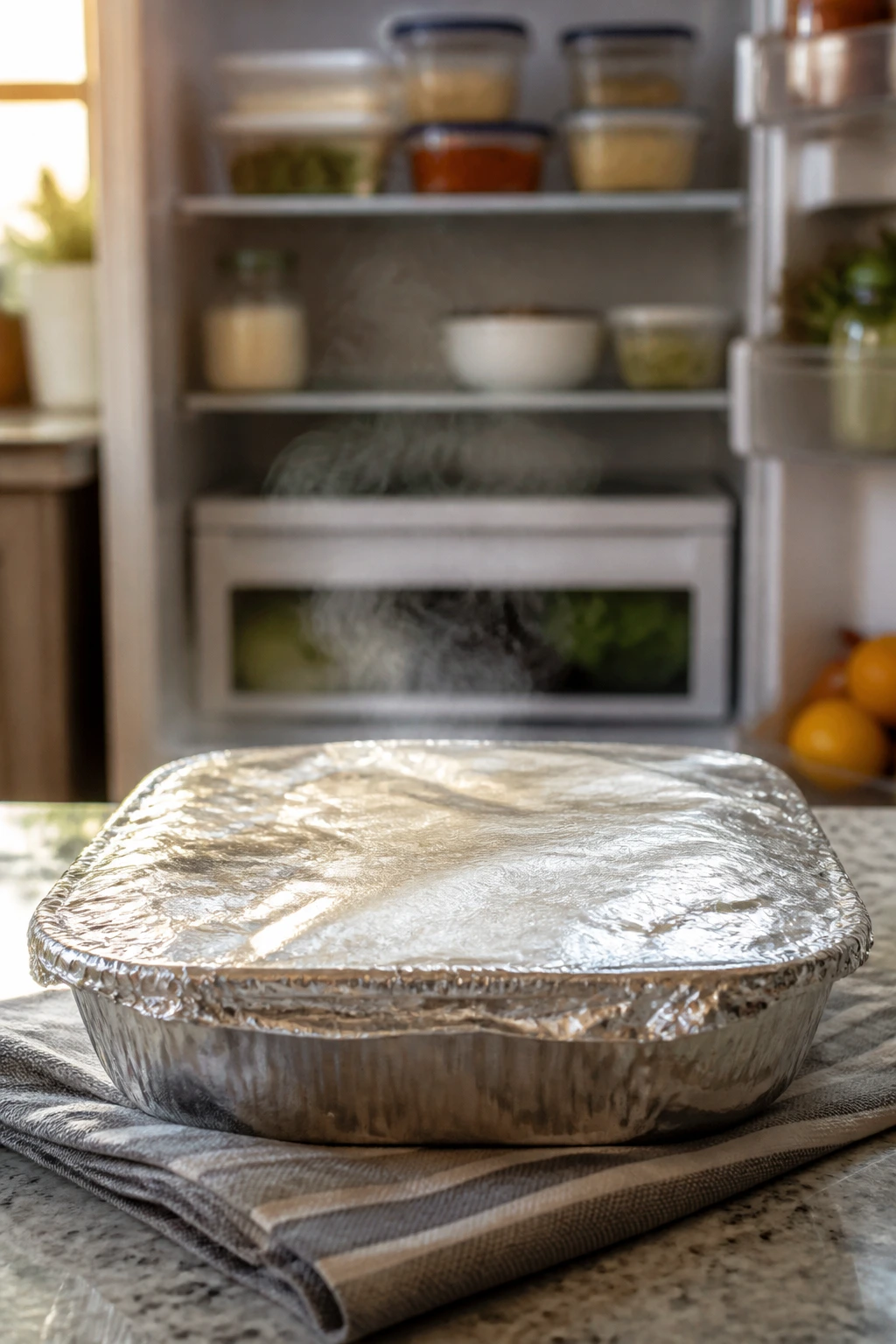 Foil-covered casserole ready for storage or reheating