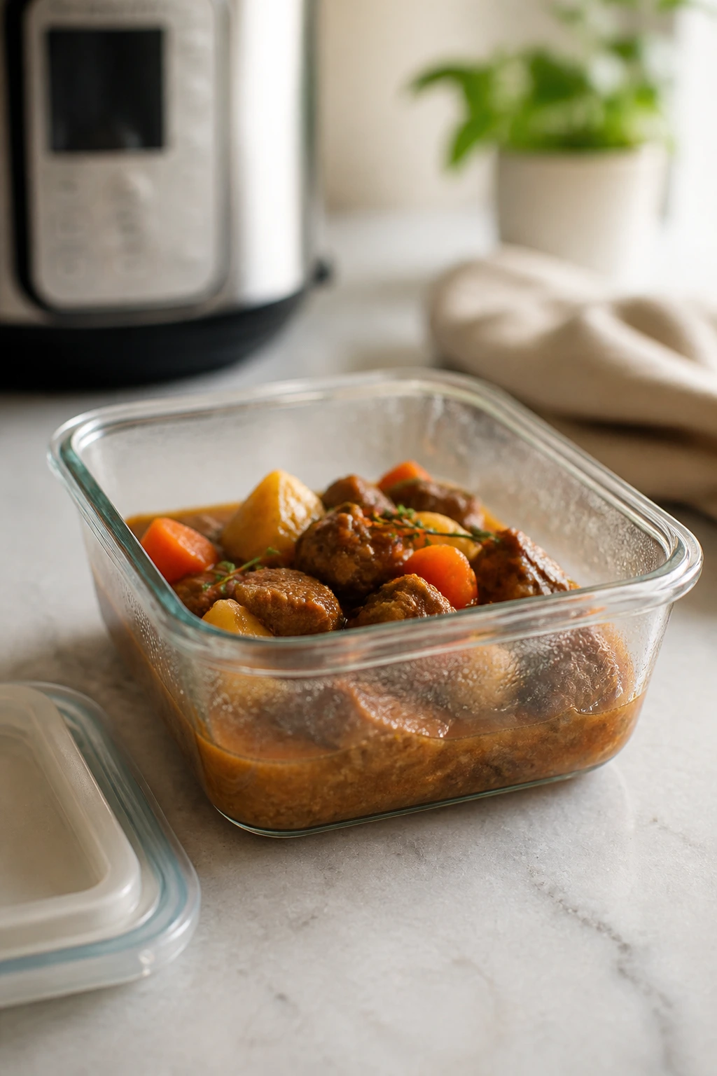 Airtight container with leftovers ready for storage or reheating