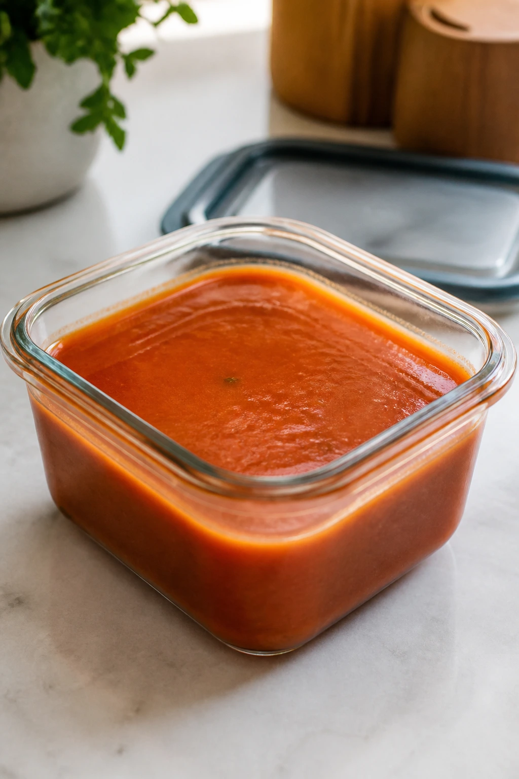 Glass storage container with tomato soup on a bright kitchen counter.