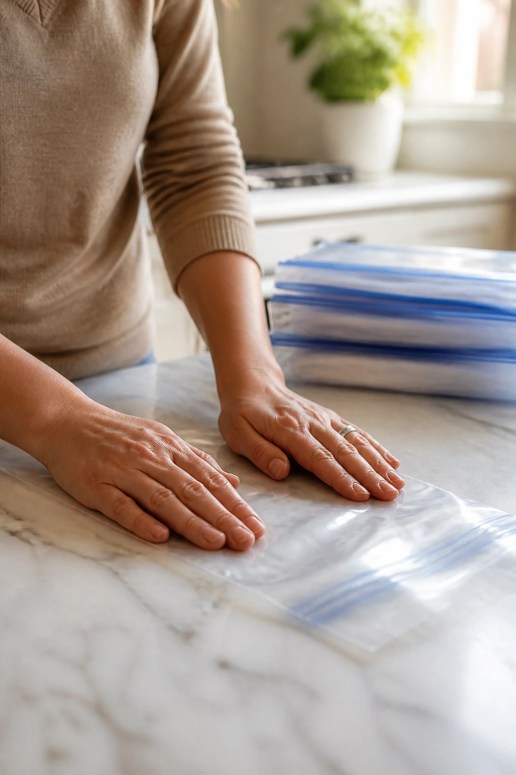 Person preparing flat freezer bags on a kitchen counter for make-ahead storage.