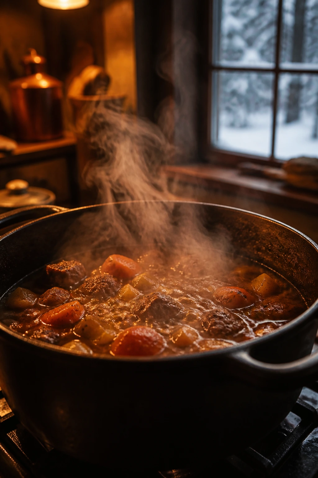Steam rising from a simmering pot on the stove in a cozy kitchen